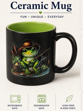 NEW IN BOX Hand Crafted Black Mug with Green Interior and Fishing Frog